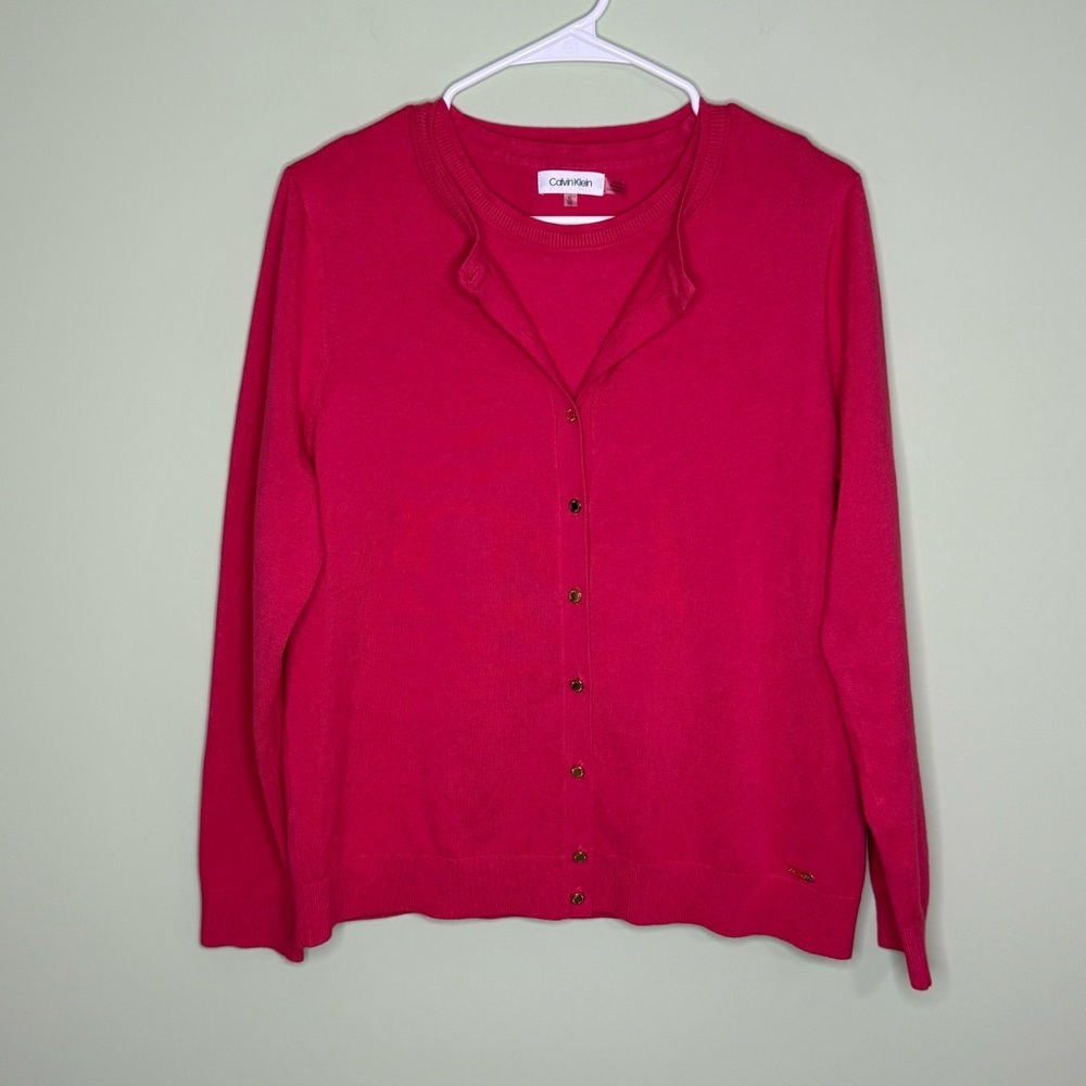 NEW Calvin Klein coral pink cardigan sweater and shell set woman XL  preppy